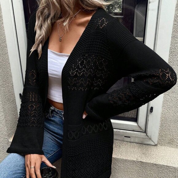 Black Casual Women's Hollow Out Design Cardigan - Picture 6 of 7